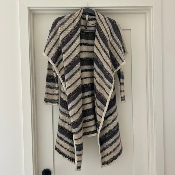 Kensie Gray Striped Boho Oversized Open Collar Long Cardigan Sweater XS/S - Picture 1 of 6